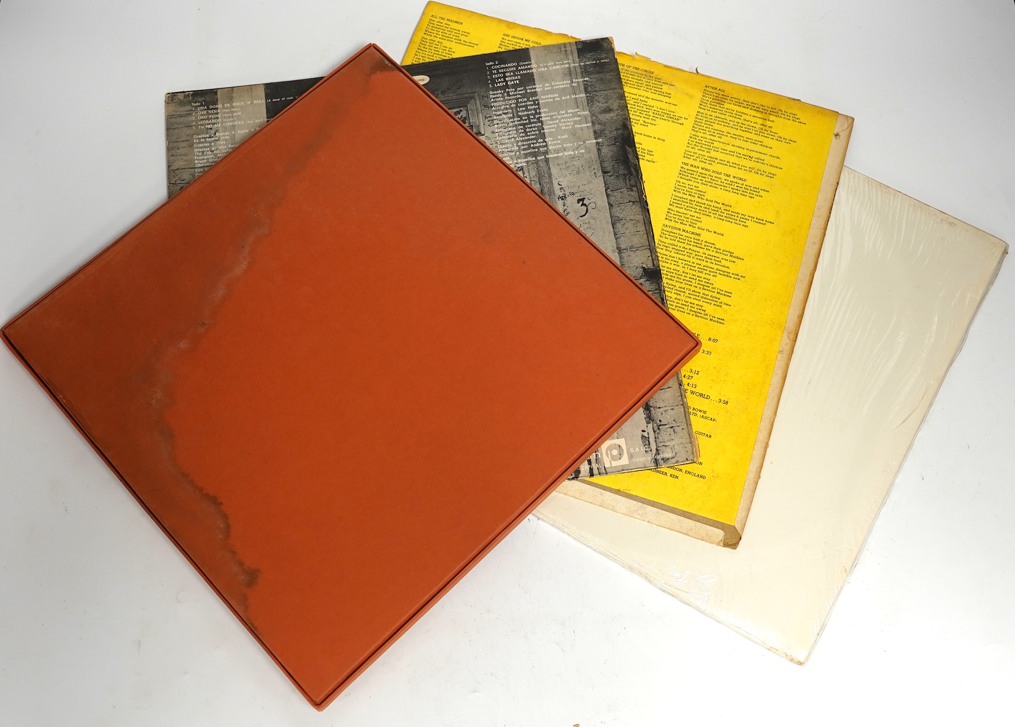 Four LP record albums; The Beatles; The White Album, U.S. issue on Capitol label SEBX-1-11841 on white vinyl, George Harrison; The Concert for Bangladesh box set, Ringo Starr; Rotogravure, on Polydor Argentinian issue, a